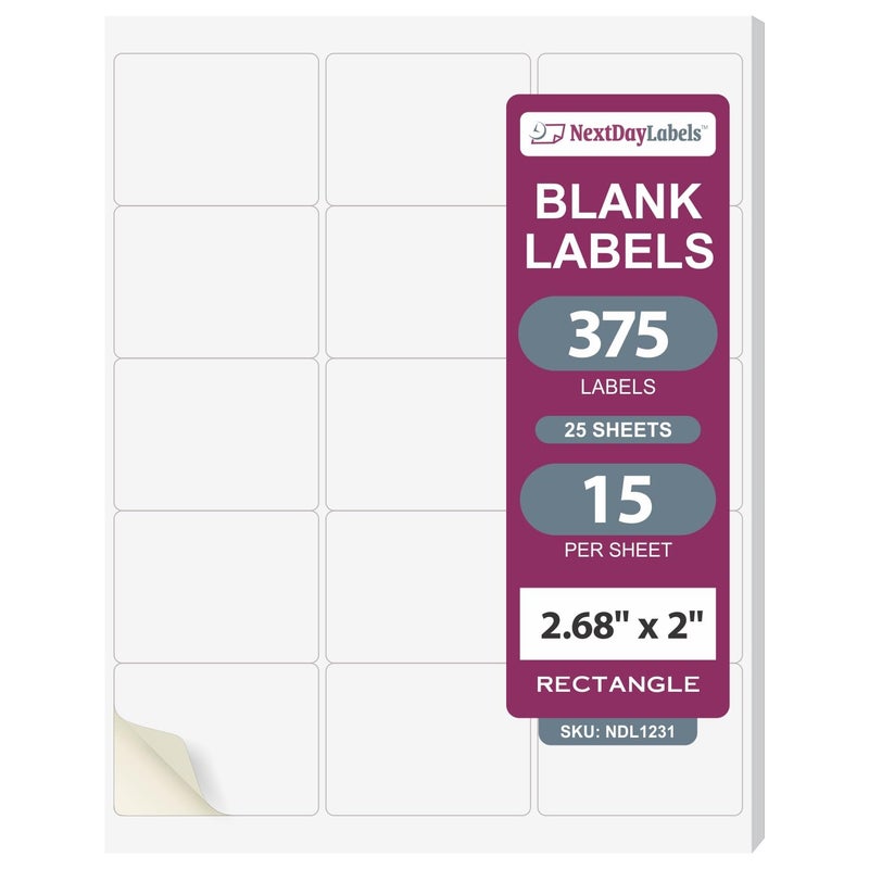 NextDayLabels ملصقات NextDayLabels 2.69x2 بوصة مستطيلة ملصقات بيضاء فارغة لطابعة الليزر والحقن النفاث - 15 ملصق لكل ورقة ملصقات شحن ذاتية اللصق منتج مصنوع في الولايات المتحدة - 375 ملصق - Image 1